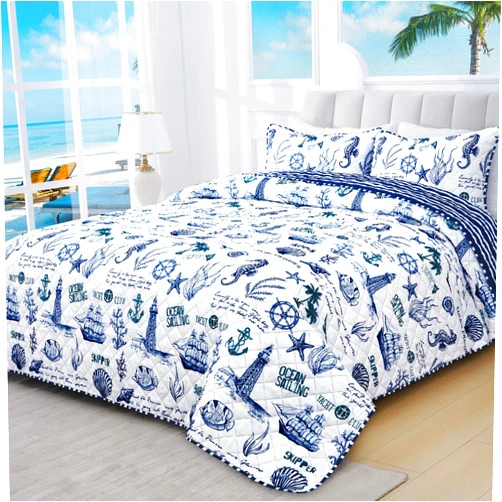 ASPMIZ Ocean Quilt King Size Bedding Sets with 2 Pillow Shams, Nautical Lightweight Reversible Blue Quilt Bedspread Coverlet, Microfiber Striped Marine Bedding 3 Pieces Coastal Quilt Sets All Season