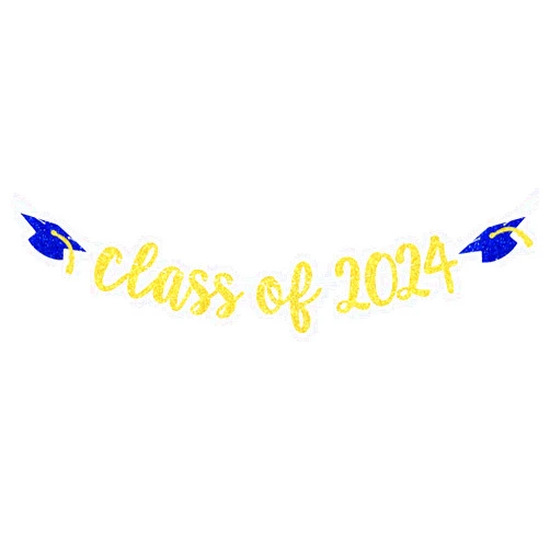 Calarjeta Class of 2024 Banner - 2024 Graduation Banner, Congrats Grad, High School/College/University Graduation Party Decorations, Gold and Blue Glitter
