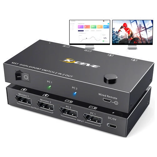 Camgeet MST Displayport Splitter Switch 2 in 2 Out 4K@60Hz, Camgeet Displayport Switcher for 2 Computers 2 Monitors, Support Extend and Mirror Mode for PCs with DP or USB C Port, Wired Remote Included