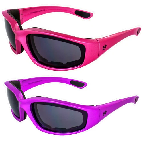 Birdz Eyewear Oriole Padded Motorcycle Sunglasses for Women 2 Pairs Pink & Purple Frames w/Smoke Lenses