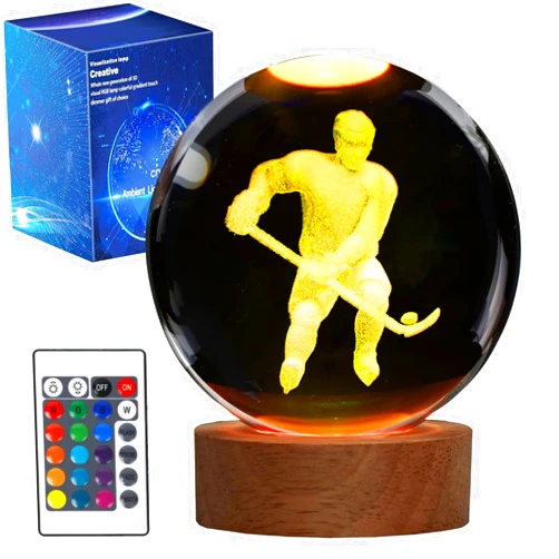 POSSHE Hockey Night Light, Ice Hockey Gifts, Hockey 3D Crystal Ball Night Light with Remote Upgraded 3.15 Inch Lamps with 16 Color for Birthday Xmas Cool Figurines Gifts for Room Decor Boys Girls