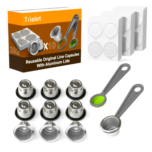 Triplot 10pcs Reusable Capsules for Nespresso OriginalLine - Refillable Coffee Pods Stainless Steel Cups Compatible for Nespresso OriginalLine Machine (10pods+300Lids)
