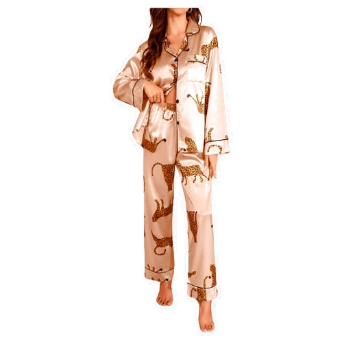 SOLY HUX Women's Silk Satin Leopard Print Sleepwear Long Sleeve Button Down Shirt and Pants Pajama Set Loungewear