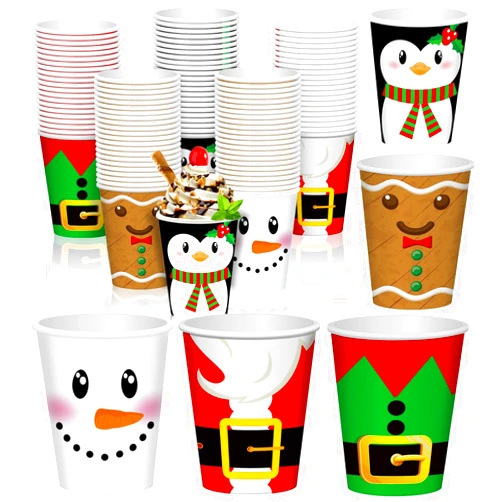 Gerrii 150 Pcs 9 oz Christmas Disposable Paper Cups Hot Chocolate Cocoa Paper Cups Winter Drink Cup 5 Designs Merry Christmas Holiday Party Drinkware Supplies for Cold Beverage Hot Cocoa Tea(Cute)