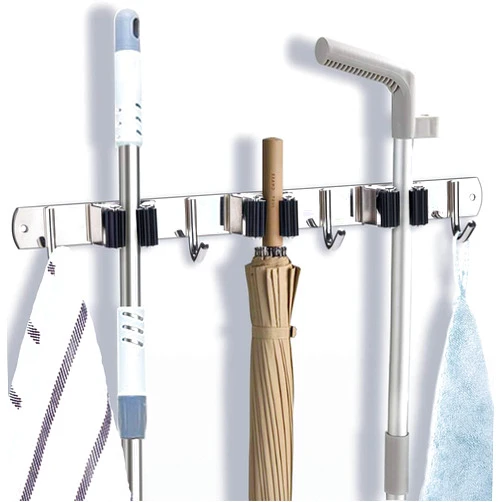 ANDERZS Broom Holder Wall Mount，Latest Upgrade Stainless Steel Holder Wall Mounted Heavy Duty Broom Mop Hanger， for Kitchen Bathroom Garage Organizer Closet Office and Garden,White