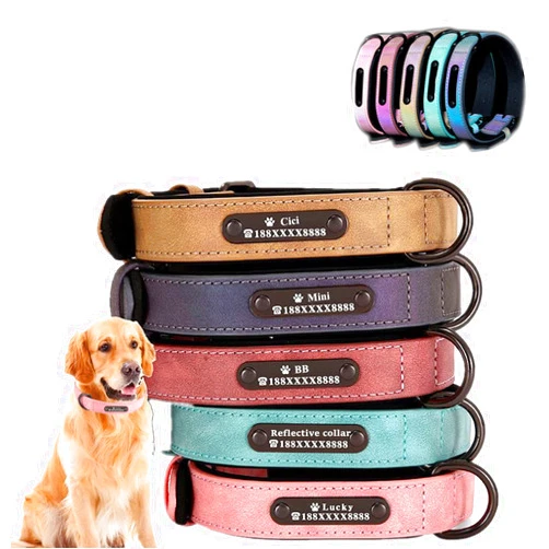 Kcjuoam Custom Dog Collars,Reflective Leather Dog Collar Personalized Engrave Nameplate Adjustable Sizes for Small Medium Large Dog（Cyan,M）