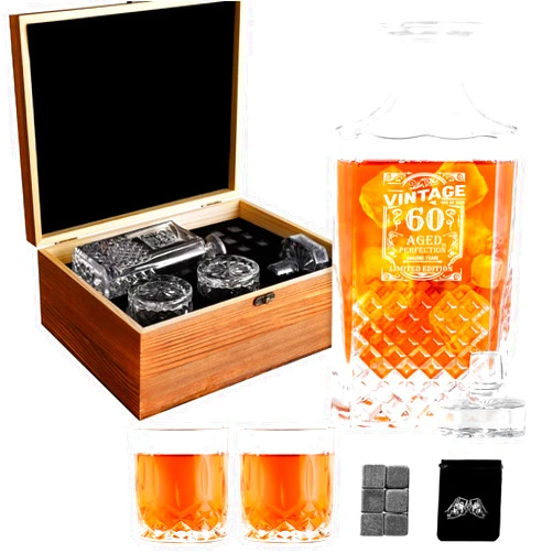 Pouheshi 60th Birthday Gifts for Men Women, 1964 Birthday Gifts for Men 60th Birthday Gift Ideas Male Decorations, Whiskey Decanter Gift Set Vintage, 60 Year Old Gifts for Men Christmas Fathers Valentines Day