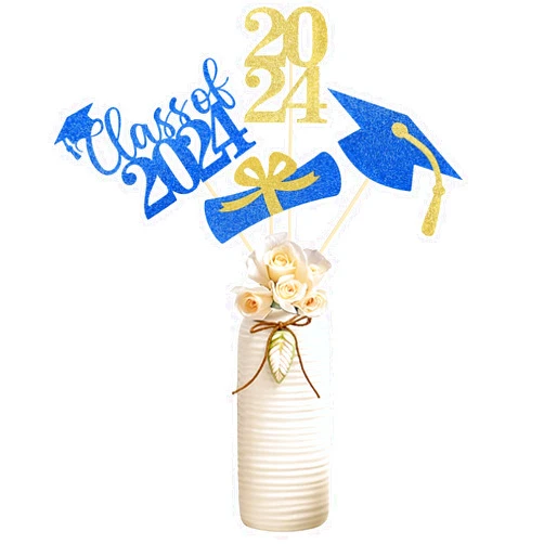 Hengmerry 24 Pieces Graduation Party Centerpieces for Tables 2024 Gold and Blue Glitter Graduation Centerpiece Sticks Class of 2024 Table Toppers for 2024 Graduation Party Table Decorations