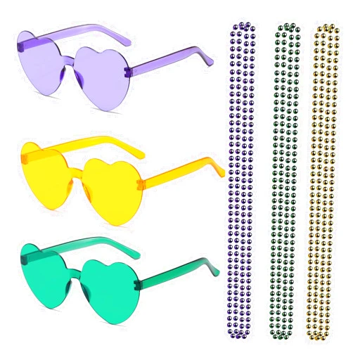 Glynisyz 12 PCS Mardi Gras Beaded Necklaces and Heart Glasses,Mardi Gras Fleur De Lis Sunglasses Mardi Gras Costume Accessories Party Favor for Adult Kid