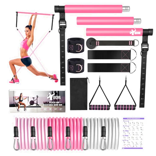 Qicool Pilates Bar Kit with Resistance Bands,Qicool Pilates Resistance Bands Exercise Fitness Equipment for Women & Men Home Gym Yoga Pilates,Multifunctional Pilates Bar Full Body Workout Equipment ROSE