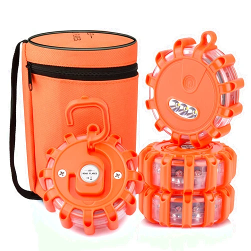 AK [4 Pack] LED Road Flares Safety Flashing Warning Light Roadside Emergency Disc Beacon Kit for Vehicles Boats with Magnetic Base & Hook, Premium Storage Bag (Batteries Not Included) (4)