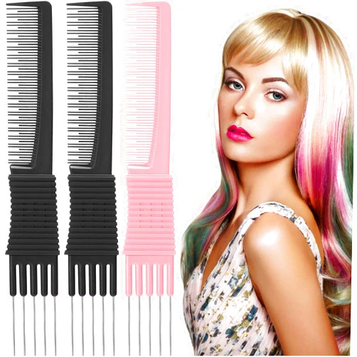 Leinuosen 3 Pack Teasing Combs with Metal Prong, Salon Back Combs with Stainless Steel Lift (Black, Pink)