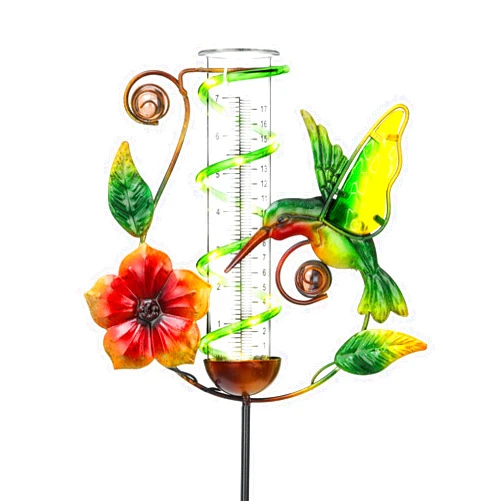 LEWIS&WAYNE 36.3” Hummingbird Rain Gauge Outdoor, 7” Glass Tube Solar Powered 10 Warm White LEDs Garden Metal Stakes Decorative Waterproof for Yard Garden Patio Lawn