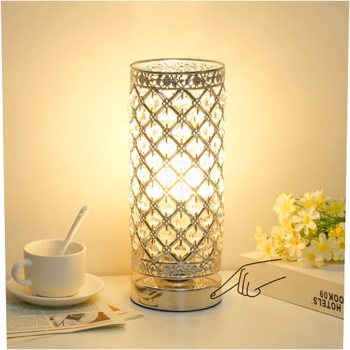 Seaside village Crystal Table Lamp Touch Control Dimmable Accent Desk Lamp Bedside Modern Table Light with Silver Lamp Shade Night Light Fixture for Living Room Bedroom Kitchen