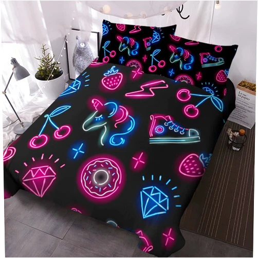BlessLiving Neon Unicorn Full Bedding Sets Kids Girls Boys Unicorn Bed Set Pink Blue Cute Print Bedspreads 3 Piece Black Unicorn Duvet Cover Sets (Full)