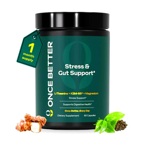 Once Better™️ Stress & Gut Support Supplement – Ashwagandha KSM-66®, L-Theanine, Magnesium Glycinate, Probiotics & Inulin for Digestive Health & Stress Relief – 60 Capsules - Men & Women