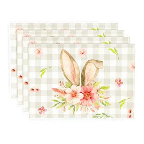 Artoid Mode Buffalo Plaid Bunny Rabbit Ears Flower Easter Placemats for Dining Table, 12 x 18 Inch Spring Summer Seasonal Holiday Rustic Vintage Washable Table Mats Set of 4