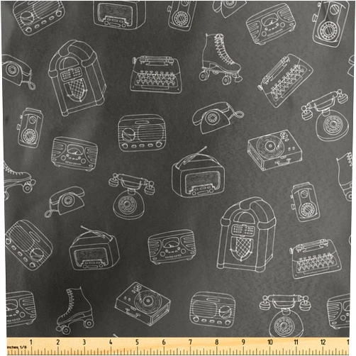 Lunarable Typewriter Fabric by The Yard, Chalky Old Tech Juke Box Radio Roller Skates and Vinyl Record Player, Decorative Satin Fabric for Home Textiles and Crafts, Charcoal Grey White