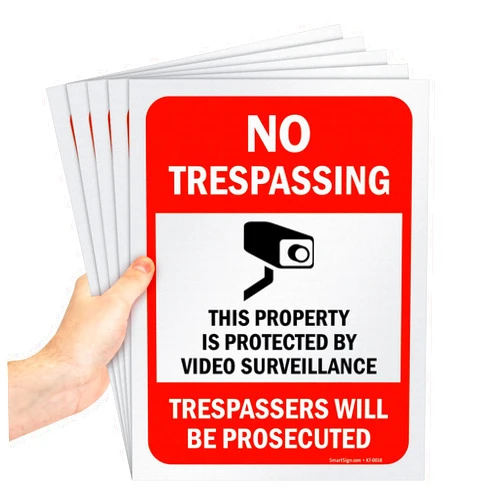 SmartSign (Pack of 5) 12 x 9 inch “No Trespassing - Property Protected By Video Surveillance” Sign, Screen Printed, 10 mil Polystyrene Plastic, Red/Black on White, Made in USA