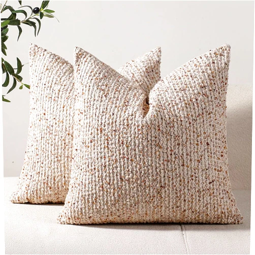 DEZENE Striped Throw Pillow Covers 18x18 Set of 2 Beige Textured Boucle Chic Morden Boho Accent Farmhouse Square Decorative Couch Pillow Covers for Home Decor Bed Sofa Living Room