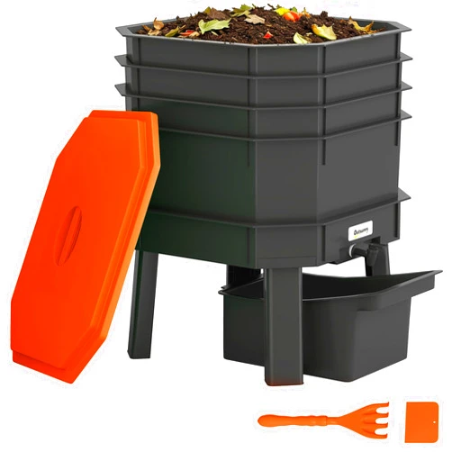 Outsunny 4-Tray Worm Composter Bin, 7.4 Gal Outdoor & Indoor Worm Composter, Farm Starter Kits for Vermicomposting Starter, Garden Composting Bin for Recycling Food Waste, Orange