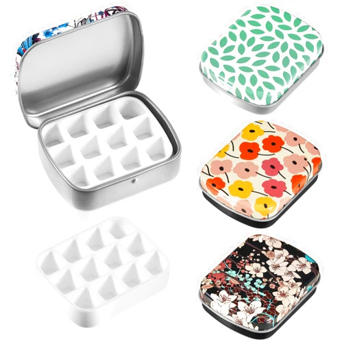 Fulmoon 4 Pcs Mini Empty Watercolor Tin 12 Wells Portable Metal Watercolor Palette Travel Watercolor Palette with Lid Small Tiny Mini Tin Box Paint Storage Container for Light Travel Painting