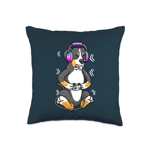 Großer Schweizer Sennenhund Gifts by Luvthemb Greater Swiss Mountain Dog Gamer Gaming Grand Bouvier Suisse Throw Pillow, 16x16, Multicolor