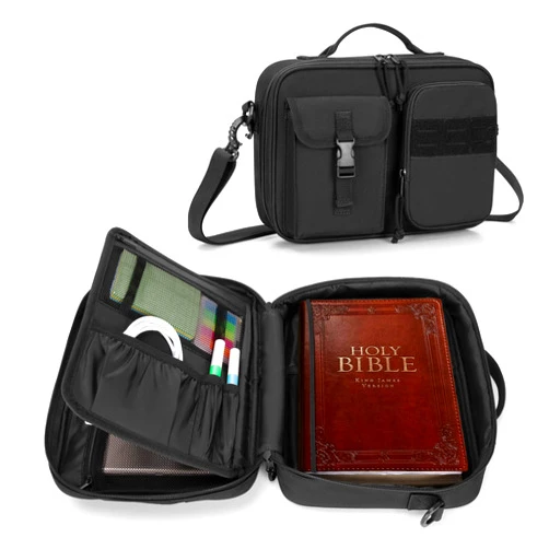 Damero Bible Cover for Men, Bible Carrying Case Church Bag with Multiple Pockets, Bible Case with Top Handle and Shoulder Strap, Black