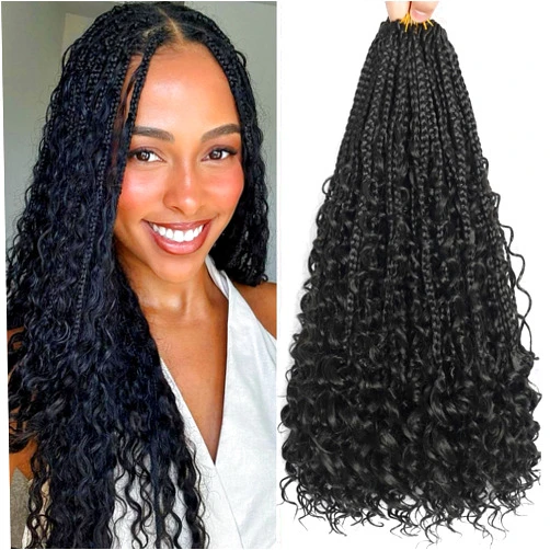 Kaylaya 18 Inch Goddess Box Braids Crochet Hair Pre Looped Boho Crochet Box Braids With Curly Ends,8 Packs Black Crochet Hair for Black Women Synthetic Hair Extensions （ 1B)