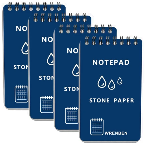 WRENBEN 4PCS Weatherproof Spiral Notebook 3x5 Inch with Stone Graph Paper and PVC Cover, Small Pocket Notebook A7, All-Weather Steno Pads for Outdoor Field Adventure (Blue, 4 Pack)
