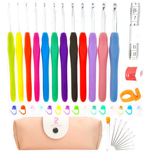 RealPlus Crochet Hooks Set, RealPlus 12 PCS 2mm(B)-8mm(N) Ergonomic Crochet Hooks Set for Arthritic Hands, Ergonomic Soft Grip Handles, Crochet Kit for Beginners, Large Crochet Needle with Pink Case