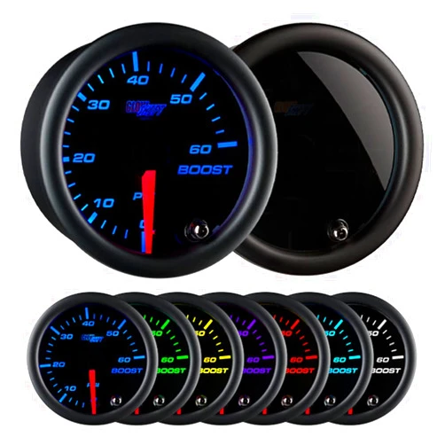 GlowShift Tinted 7 Color 60 PSI Turbo Boost Gauge Kit - Includes Mechanical Hose, 1/8-27 NPT Fittings & Wiring - Multi-Color Display - Black Dial - Smoked Lens - for Diesel Trucks - 2-1/16
