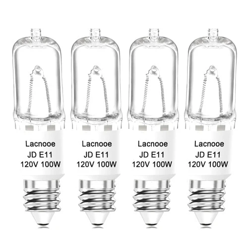 Lacnooe E11 Bulb, JDE11 120V 100W Halogen Light Bulbs, T4 E11 Mini Candelabra Base, Dimmable 2700K Warm White, 4PCS E11 Light Bulb for Chandeliers, Candelabra, Ceiling Fan, Table Lamps, Cabinet Lighting