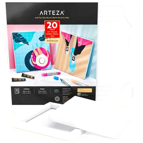ARTEZA Mixed Media Paper Foldable Canvas Pad, 9.5x9.5 Inches, 20 Sheets, DIY Frame, Heavyweight Multimedia Paper, 228 lb, 370 GSM, Acid-Free, Art Supplies for Painting & Mixed Media Art