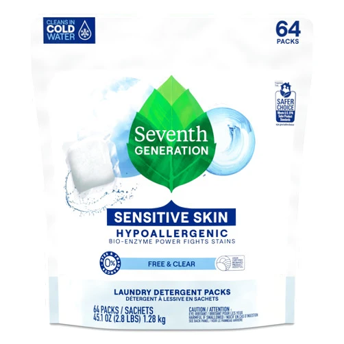 Seventh Generation Laundry Detergent Packs, Free & Clear, Made for Sensitive Skin, EPA Safer Choice Certified, 64 Count