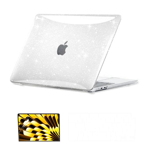 EooCoo Case Compatible with MacBook Air 15 inch 2024 2023 Release M3 A3114 M2 A2941, Glitter Plastic Hard Shell Case + Keyboard Skin + Screen Protector, Sparkly Clear