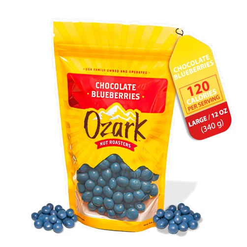 OZARK NUT ROASTERS, Chocolate Coated Blueberries, Chocolate-Flavored Snack Nuts, World-Class Gourmet Candied Peanuts, Resealable Pack (12 oz)