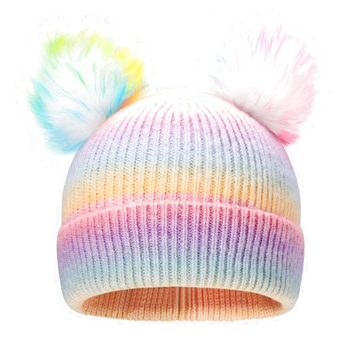 ACTLATI Kids Winter Knitted Beanie Hat Colorful Pompom Ears Ski Hat for Boy Girl(Ages 7-12)