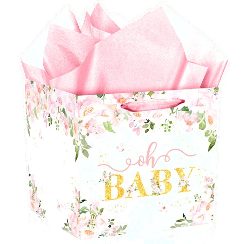 Woosytoo Extra Large Baby Gift Bag, Pink Floral Square Gift Bags Baby Shower Wrapping Paper Bag with Tissue Paper Oh Baby Jumbo Gift Bags for Sweet Baby Girl New Parents Gender Reveal Party Favors