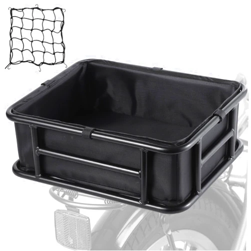 Lnrueg Bike Basket Rear, Heavy-Duty Metal Large Bicycle Rear Basket with Removable Fabric Liner Cargo Net, Waterproof E-Bike Carry Basket 18 x 13 x 6’’ for Carry Groceries, Pets, Packs