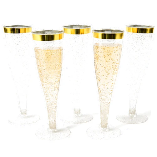Prestee 24 Champagne Flutes Disposable, Gold Rim Glitter Plastic Cups for Parties, Clear Plastic Toasting Glasses, Mimosa, New Years Eve Party Supplies 2024