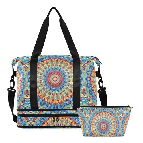 MCHIVER Boho Mandala Travel Duffel Bag for Women Men Gym Bag with Shoe Compartment Wet Pocket Carry On Weekender Overnight Bags for Hospital Gym Travel
