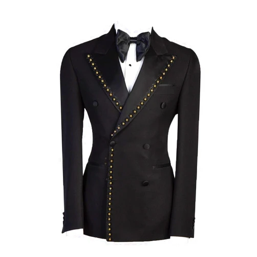 Homhous Men's Black Blazer with Gold Bead Embellishments Double Peaked Lapel Dual Vents