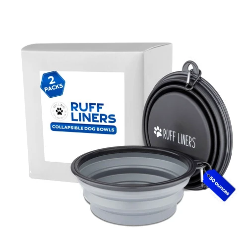 Ruff Liners Set of 2 Collapsible Dog Bowls for Travel, 1500ml Portable Dog Bowl for Food and Water - Gray and Black, Easy to Clean, BPA-Free, with Carabiner - Ideal for All Breeds and Sizes