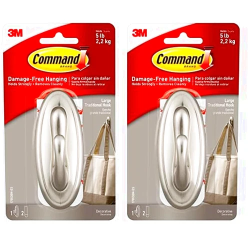 Command Large Traditional Plastic Hook, Brushed Nickel, 1-Hook, 2-Strips, Organize Damage-Free (Pack of 2)