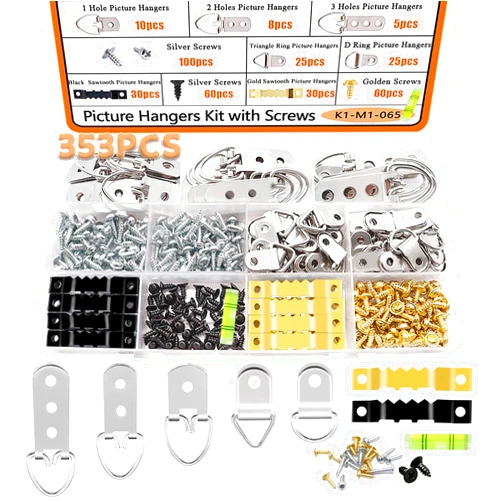 Dianrui 353PCS Picture Hanging Kit with Screws, Saw-tooth, D Ring Picture Hangers Assortment, Picture Hanging Hardware Tool for Frame Hanging - 7 Models