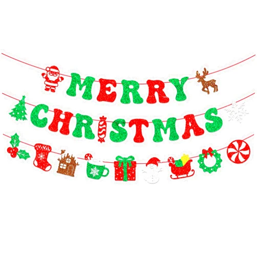 JKQ Red Green Glittery Merry Christmas Banner with Xmas Tree Santa Snowman Reindeer Signs Colorful Christmas Winter Holiday Birthday Party Decorations for Home Wall Fireplace Party Supplies