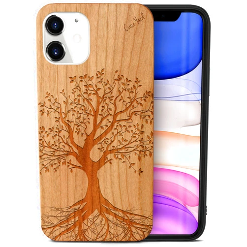 CaseYard Wood Phone case for iPhone 11 Laser Engraved Tree Design Cherry Wood Compatible iPhone case Protective Shockproof Slim fit Cell Phone Cover for Men & Women