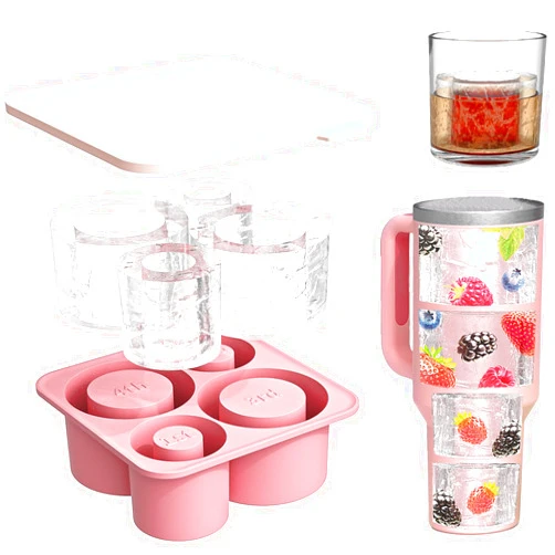 G.S YOZOH Ice Cube Tray for 20-40Oz Tumbler, 3 Pcs Silicone Hollow Cylinder Ice Mold with Lid and Bin for Freezer, Ice Drink, Juice, Whiskey, Cocktail, Compatible with 20-40Oz Tumbler (PINK)