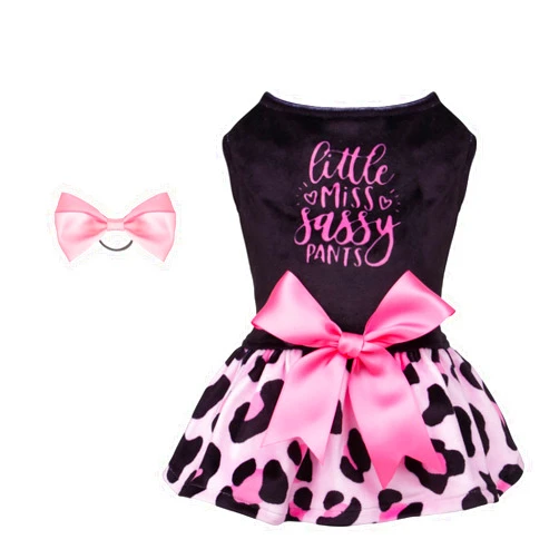 CuteBone Little Miss Sassy Pants Dog Leopard Print Dress Velvet for Small Dogs Girl Puppy Dresses Pink Dog Clothes CVA15XXS-D